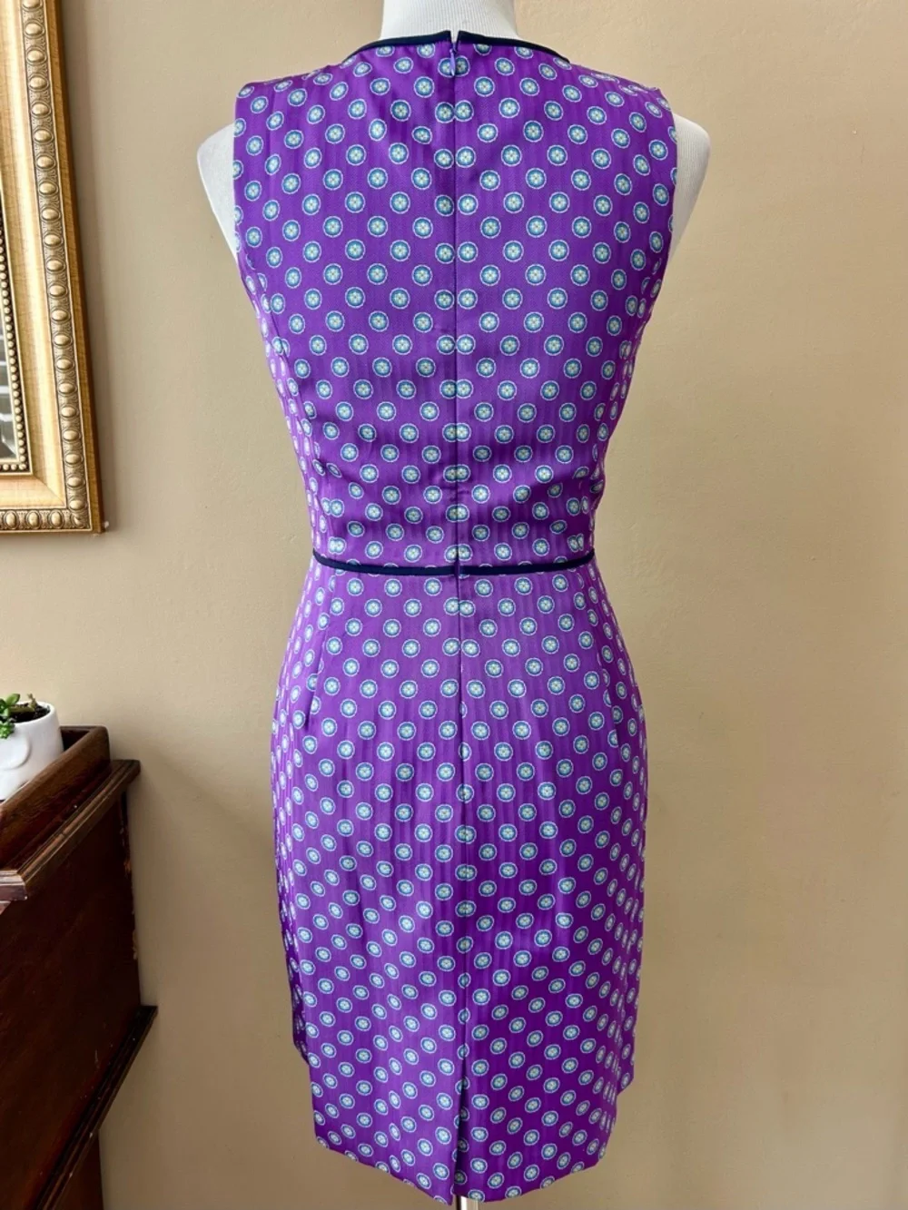 J Crew Sleeveless Sheath Dress Purple Medallion Foulard Print Size 2 Career Work
